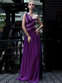 Gorgeous One Shoulder Beaded Floor Length Satin Evening Dress