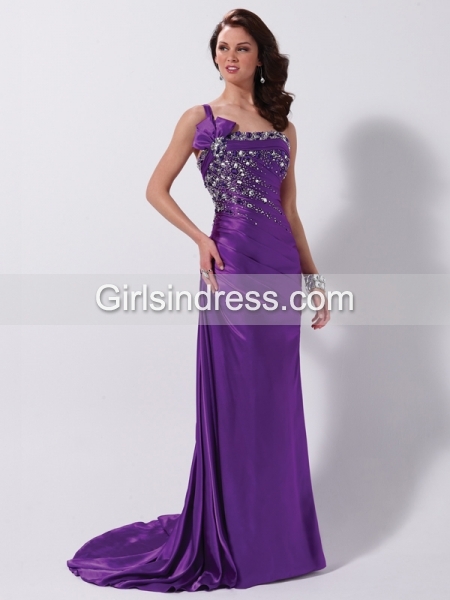 Sheath/Column One-shoulder Beaded Satin Evening Dress