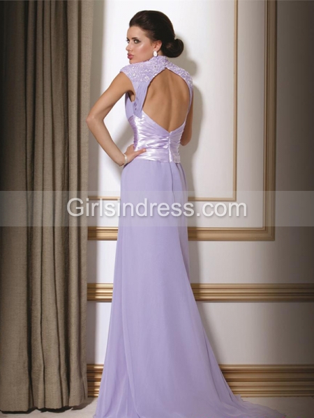 Elegant V-neck Beading Sweeping Chiffon A-line Evening Dress