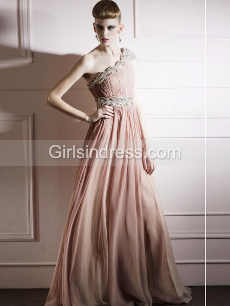 A-line Elaborate Beading One Shoulder Organza Prom Dress