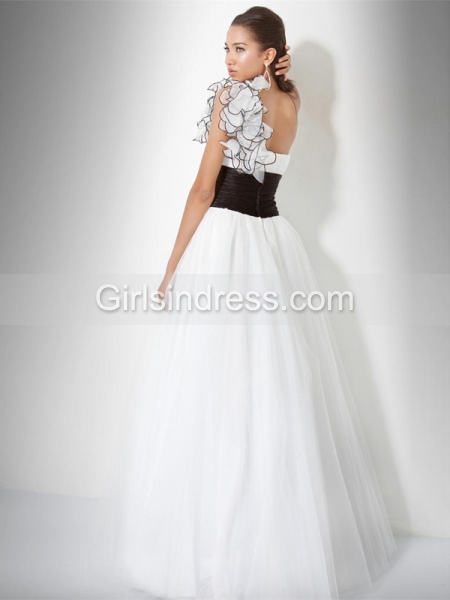 One-shoulder Flowers Organza&Satin Elegant Engagement Dress