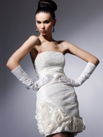Sheath Strapless Beading Satin Mini Cocktail Dress with Handmade Flowers