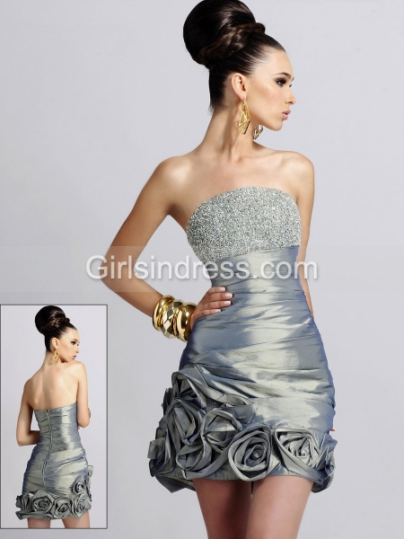 Sheath Strapless Beading Satin Mini Cocktail Dress with Handmade Flowers