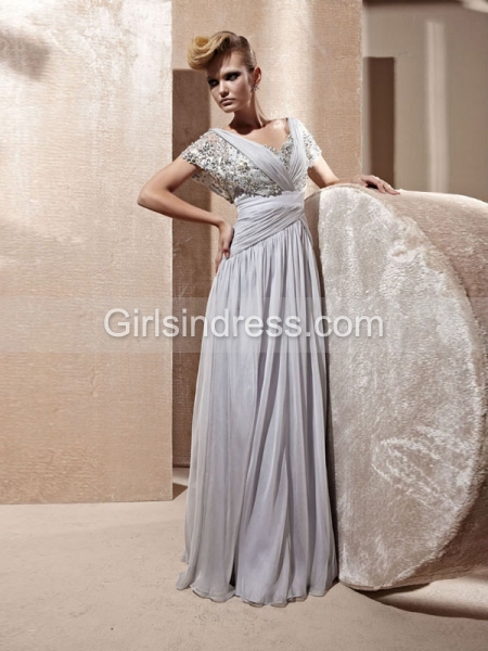 V-neck Cape Sleeve Crystals A-line Organza Prom Dress