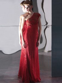 One-shoulder Embroidery Floor Length Shiny Evening Dress