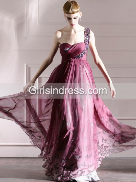 A-line One-shoulder Jewery Butterfly Print Chiffon Prom Dress A-line One-shoulder Jewery Butterfly Print Chiffon Prom Dress
