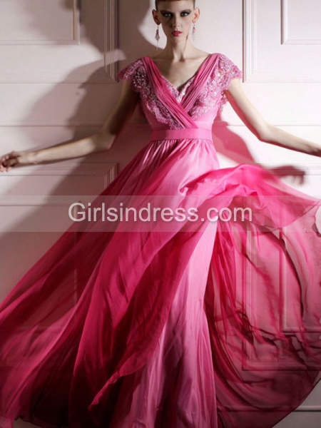 A-line Satin Cape-Sleeve V-neck Embroidery Evening Dress