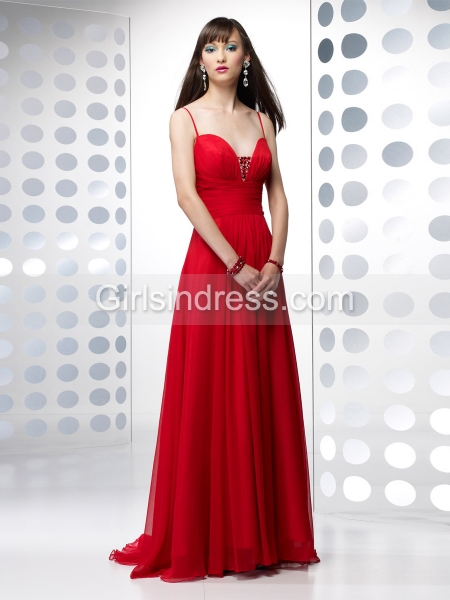 A-line Spaghetti Straps Beading Chiffon&Satin Evening Dress