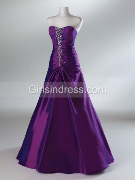 A-line Sweetheart Beaded Floor-length Satin Prom Dress