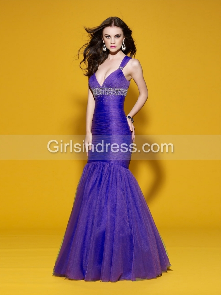 Mermaid Straps Beading Tulle&Satin Evening Dress