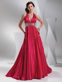 A-line Halter Pleated and Beaded Satin Prom Dress A-line Halter Pleated and Beaded Satin Prom Dress