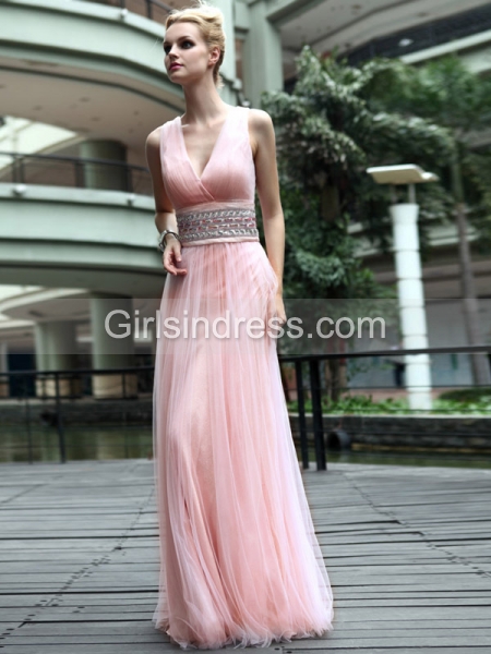 Charming Straps V-neck Beaded Satin Evening/Prom Dress