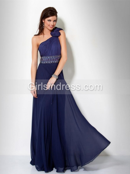 Elegant One-shoulder Beaded Belt Chiffon Prom Dress