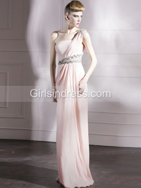 One-shoulder Jewery Beaded Floor-length Chiffon Satin Prom Dress One-shoulder Jewery Beaded Floor-length Chiffon Satin Prom Dress