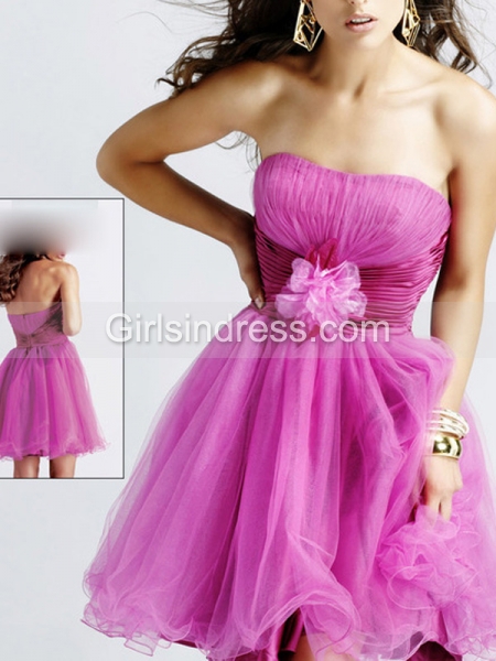 A-line Flower Detailed Strapless Organza&Satin Graduation Dress