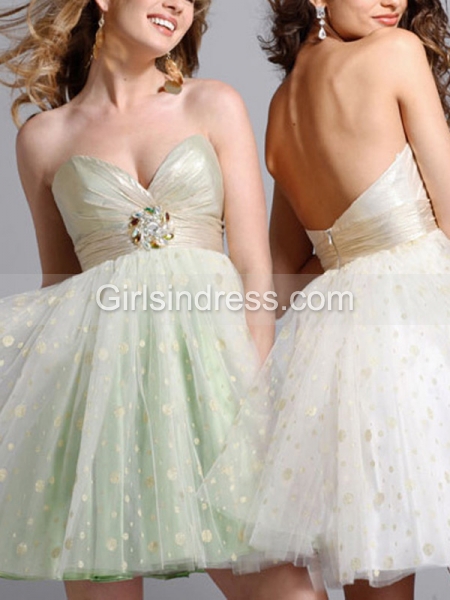 A-line Sweetheart Crystals Organza&Satin Strapless Graduation Dress