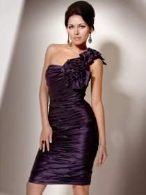 One-shoulder Pleated Satin with Handmade Flowers Sheath Cocktail Dress