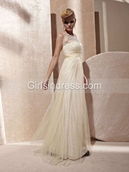 Sleeveless A-line Crystals Chiffon Organza Prom Dress