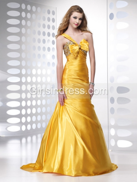 Trumpet One-shoulder Beading Satin Prom Dress
