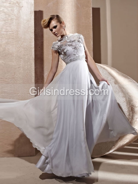 A-line Short Sleeves Embroidery Satin Embroidery Evening Dress