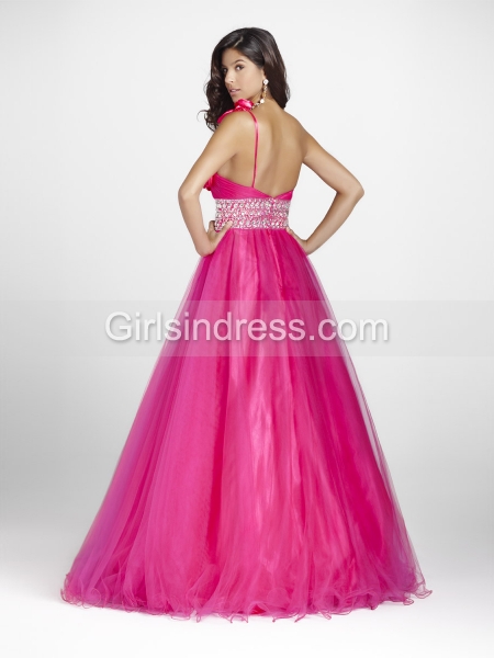 One-shoulder Sweetheart Flowers Beaded Tulle A-line Engagement Dress