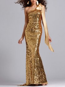 Shiny Golden Sheath Sequins One Shoulder Evening Dress