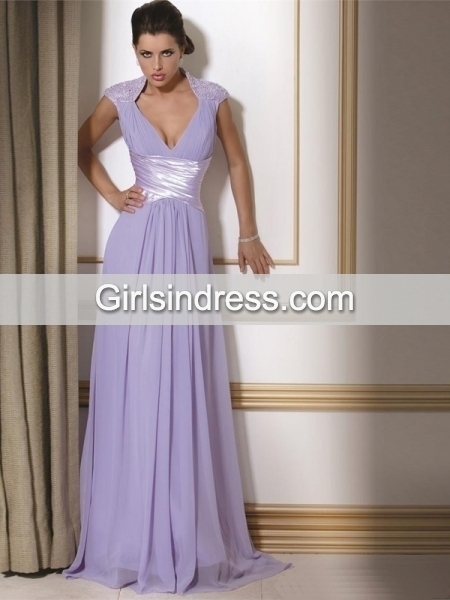 Elegant V-neck Beading Sweeping Chiffon A-line Evening Dress