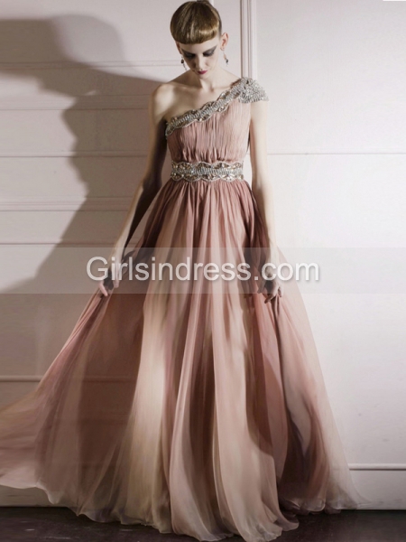 A-line Elaborate Beading One Shoulder Organza Prom Dress