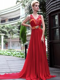 Chiffon A-line Straps V-neck Crystal Detailed Floor Length Evening Dress Chiffon A-line Straps V-neck Crystal Detailed Floor Length Evening Dress