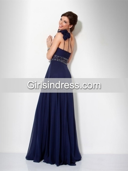 Elegant One-shoulder Beaded Belt Chiffon Prom Dress