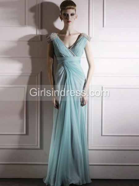 A-line Cape-sleeve Paillette Organza V-enck Evening Dress