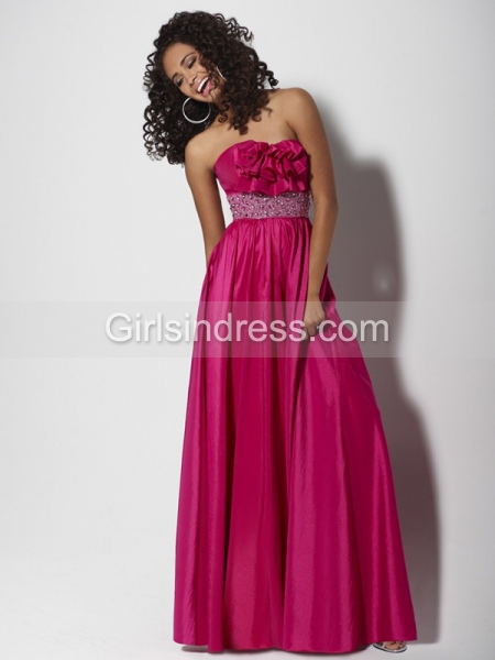 A-line Strapless Ruffled Beading/Crystals Satin Prom Dress