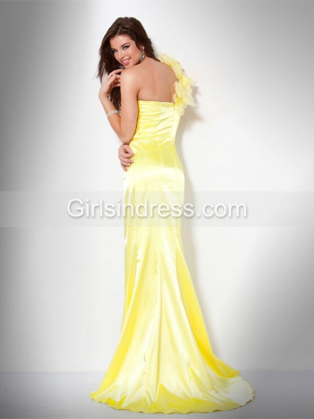 Attractive Sheath One-shoulder Flowers Satin Evening Dress