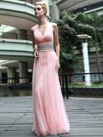 Charming Straps V-neck Beaded Satin Evening/Prom Dress
