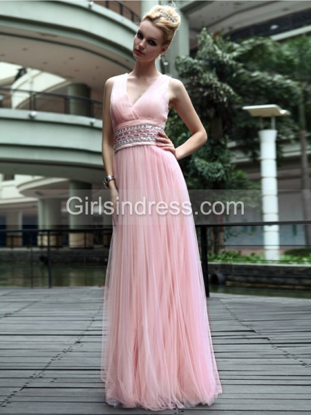 Charming Straps V-neck Beaded Satin Evening/Prom Dress