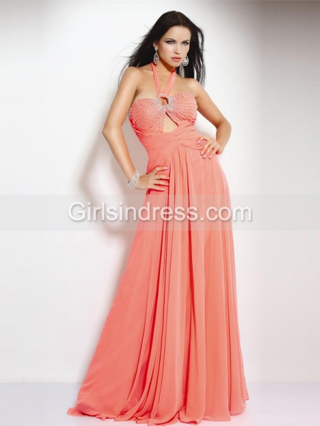 Elegant A-line Halter Beading Chiffon Evening Dress