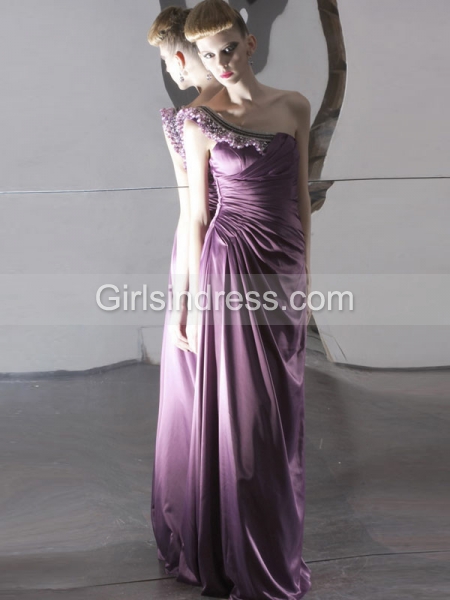 Elegant A-line Beading One-shoulder Satin Evening Dress
