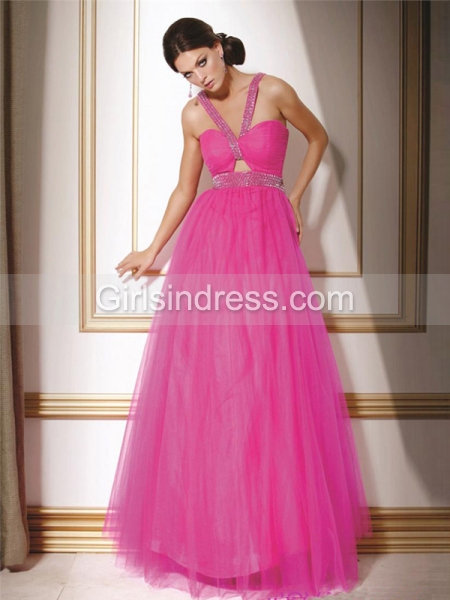 Elegant A-line Straps Beading Tulle&Satin Prom Dress