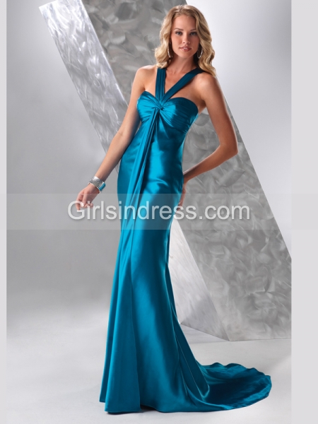 Gorgeous Halter Satin Sweeping Train Mermaid Prom Dress