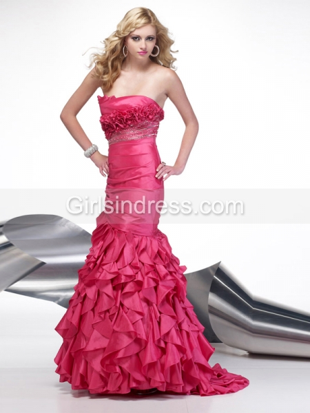 Mermaid Strapless Cascading Ruffle Satin Prom Dress