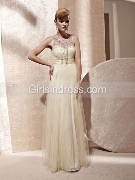 Sleeveless A-line Crystals Chiffon Organza Prom Dress
