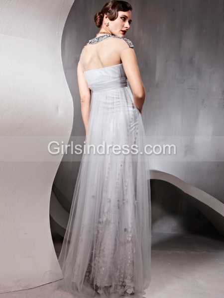 V-neck Cape Sleeve Jewery A-line Chiffon Prom Dress