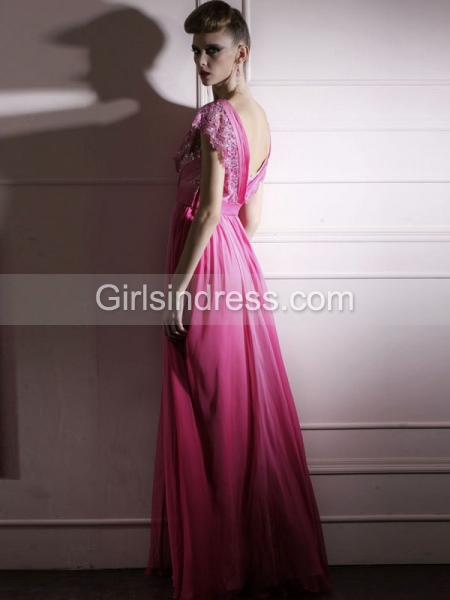 A-line Satin Cape-Sleeve V-neck Embroidery Evening Dress