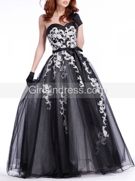 Embroidery Strapless Sweetheart Organza Satin Prom Dress